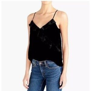 J. Crew Factory Black Crushed Velvet Ruffle V-Neck Cami Tank Top Blouse XS